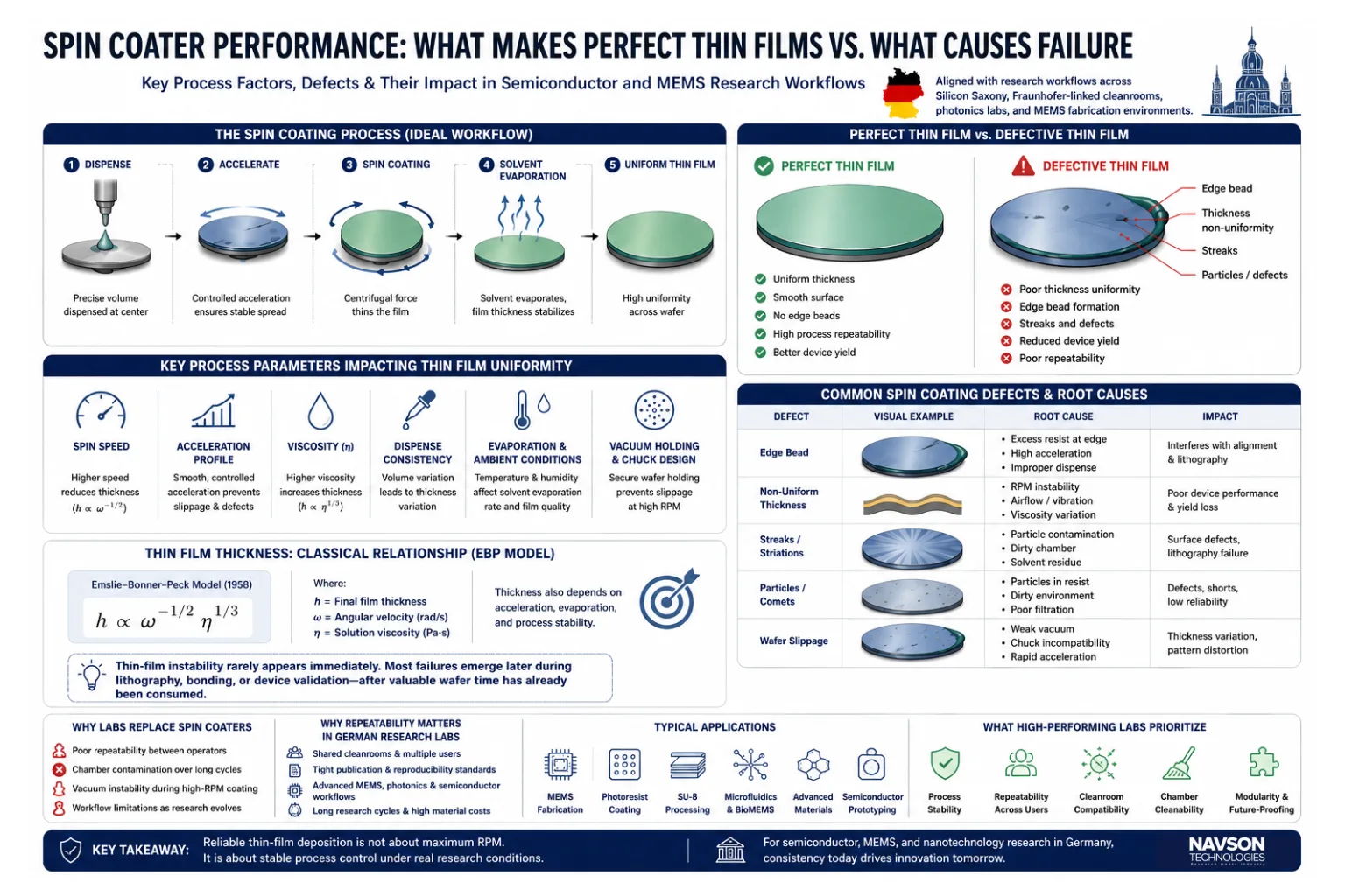 Thin-film deposition stability in German semiconductor and MEMS workflows Spin coater thin-film uniformity comparison for MEMS and semiconductor research labs in Germany