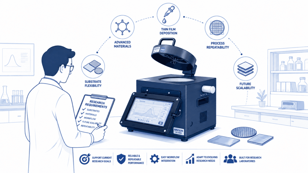 Conceptual illustration of a spin coater machine within a Laboratory Evaluation Framework, showing the relationship between research requirements, machine architecture, workflow integration, procurement readiness, and future scalability for laboratory equipment selection.