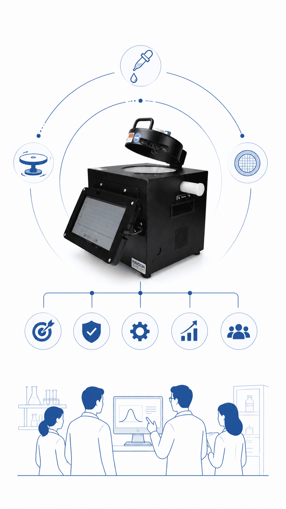 Navson NT12000 spin coater machine illustrating the key components of a research-grade thin-film deposition system used in laboratory R&D.