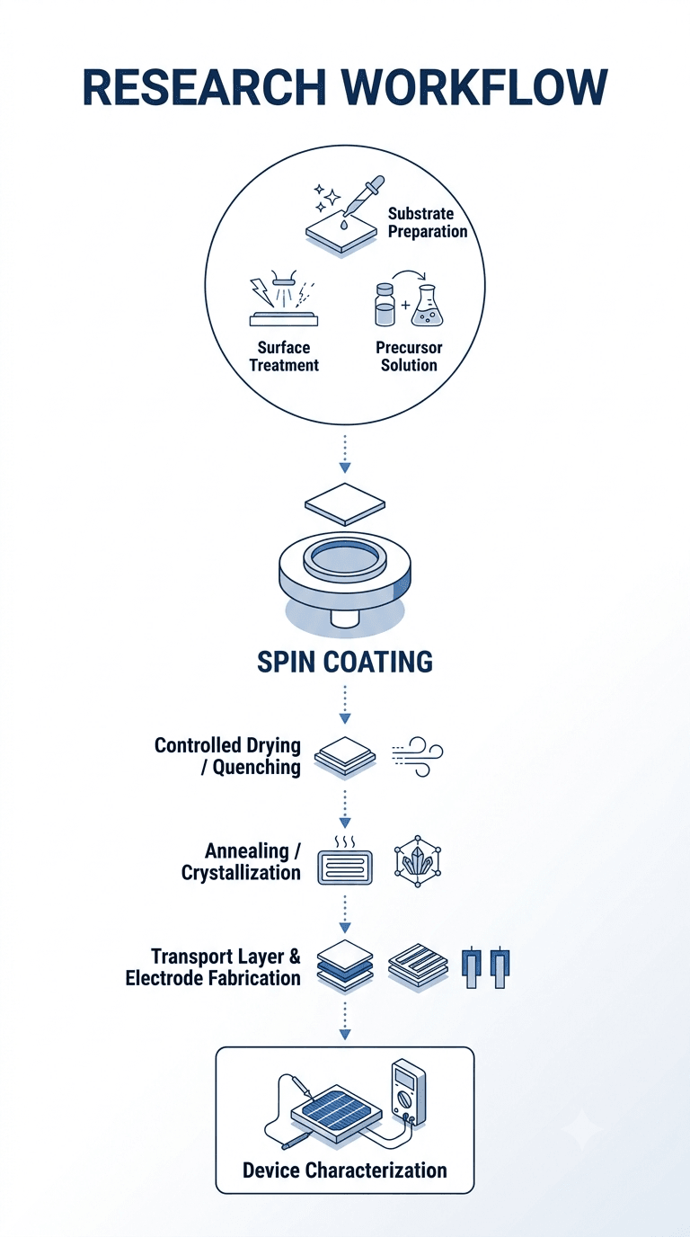Vertical technical workflow diagram illustrating where the spin-coating process fits within a broader perovskite solar cell research sequence, designed in a minimalist blue-and-white Navson style.