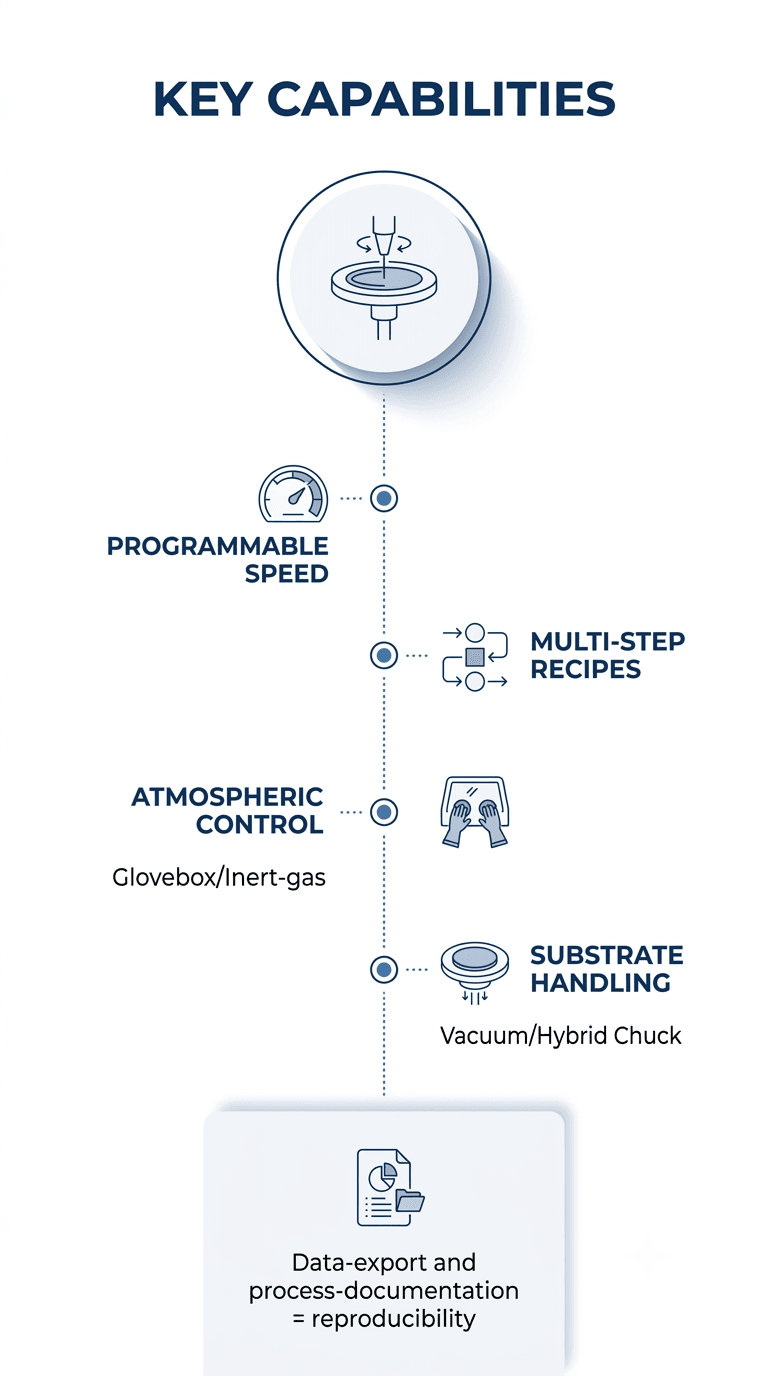 Vertical technical infographic illustrating the core functional capabilities required in a research spin coater, designed in a minimalist blue-and-white Navson style.